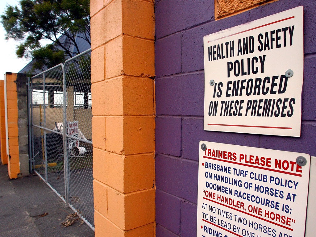 A health and safety sign is seen outside the Doomben Racecourse on August 25, 2007 in Brisbane, Australia.