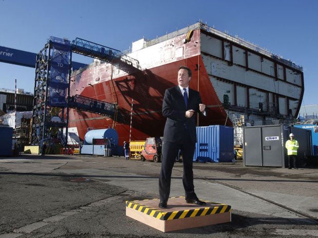 Prime Minister David Cameron speaks during a visit to Rosyth Dock Yard in Fife