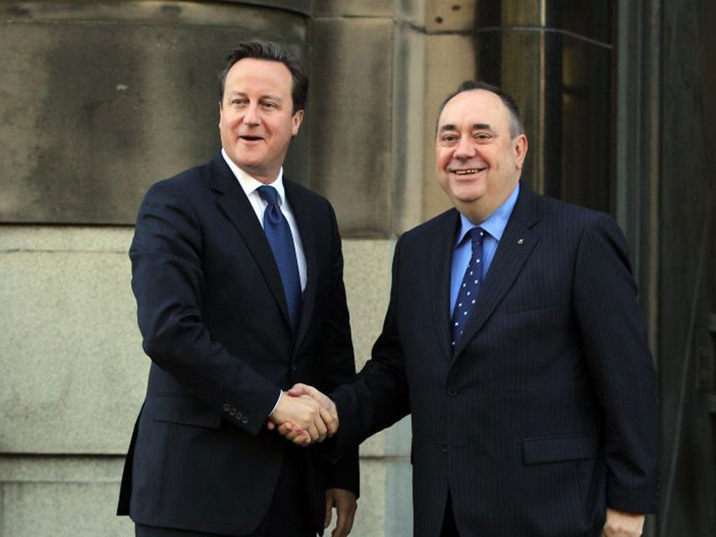Prime Minister David Cameron and Scottish First Minister Alex Salmond meet on the steps of St Andrews House prior to their meeting to set out the Independence Referendum deal