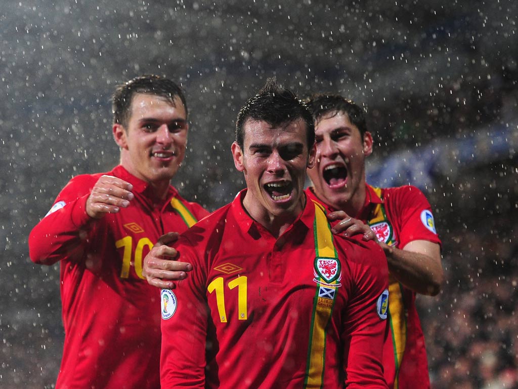 Gareth Bale celebrates his winner against Scotland