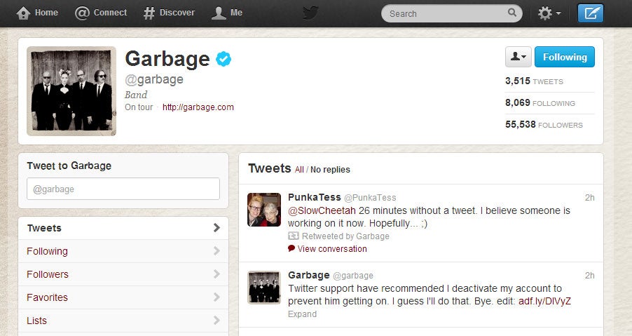 Nineties band Garbage has had their twitter account hacked