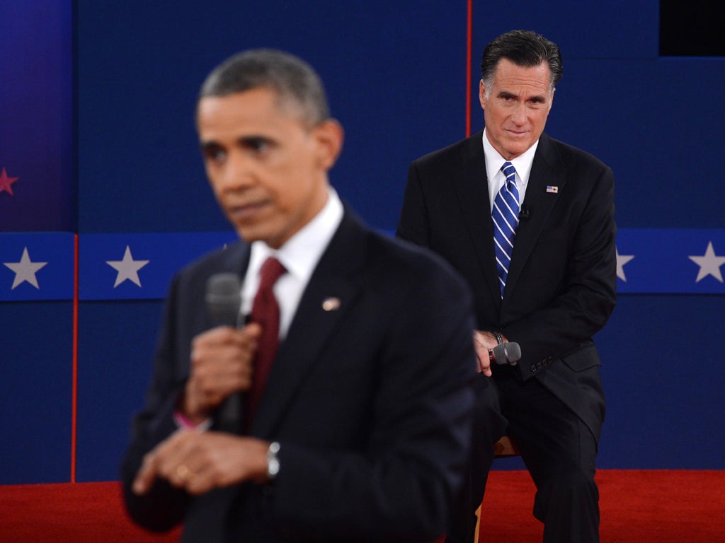 Barack Obama and Mitt Romney in the second presidential debate