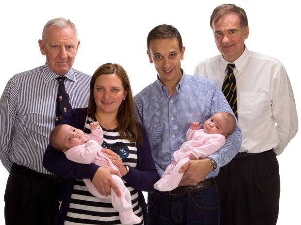 Angela and Daniel Formosa with GOSH surgeon Edward Kiely and Professor Agostino Pierro holding their twins Rosie