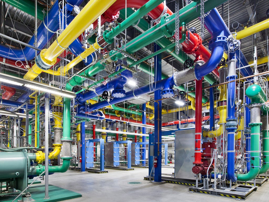 These colourful pipes are responsible for carrying water in and out of the Oregon data center. The blue pipes supply cold water and the red pipes return the warm water back to be cooled