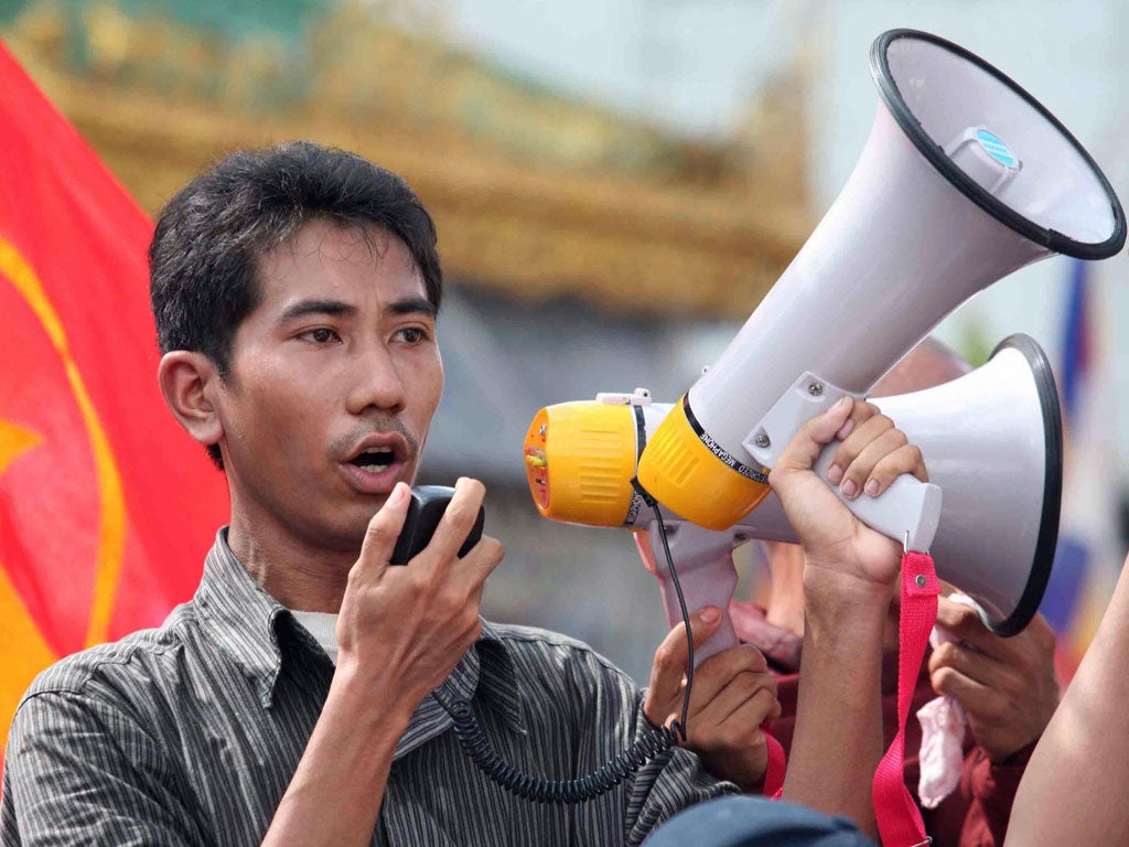 A man speaking to the crowd in downtown Yangon, in 2007, despite stern warnings from Myanmar's junta against the anti-government protests