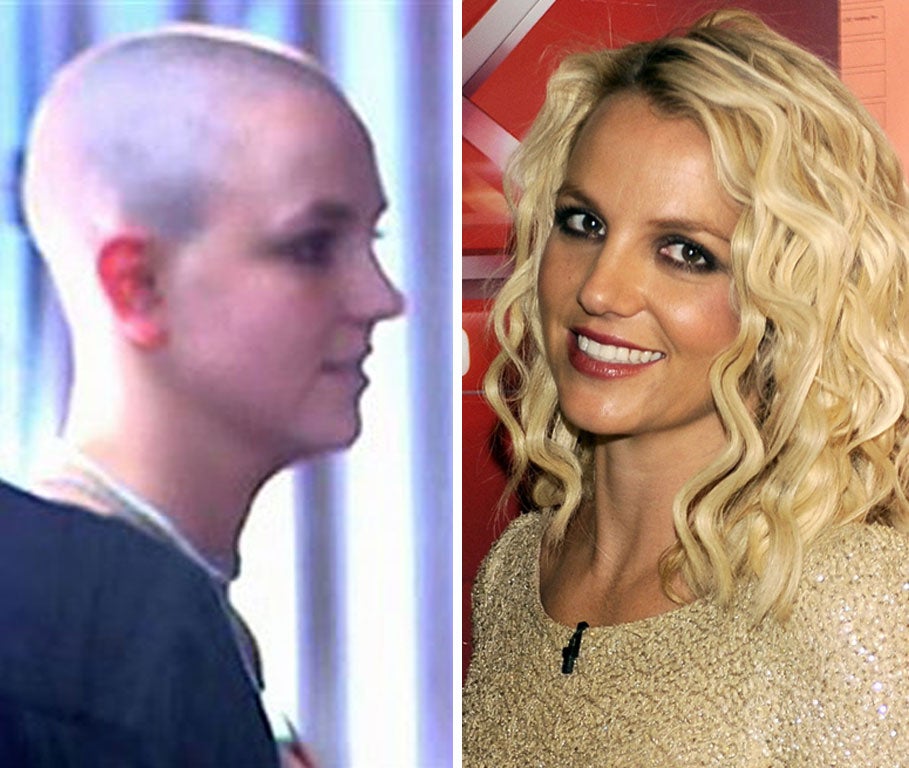 Britney with a shaved head in 2007 (left), and as a judge on X Factor in 2012.