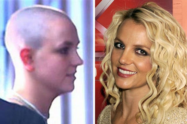 Britney with a shaved head in 2007 (left), and as a judge on X Factor in 2012.
