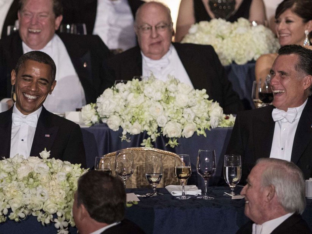 Barack Obama and Mitt Romney at the charity dinner