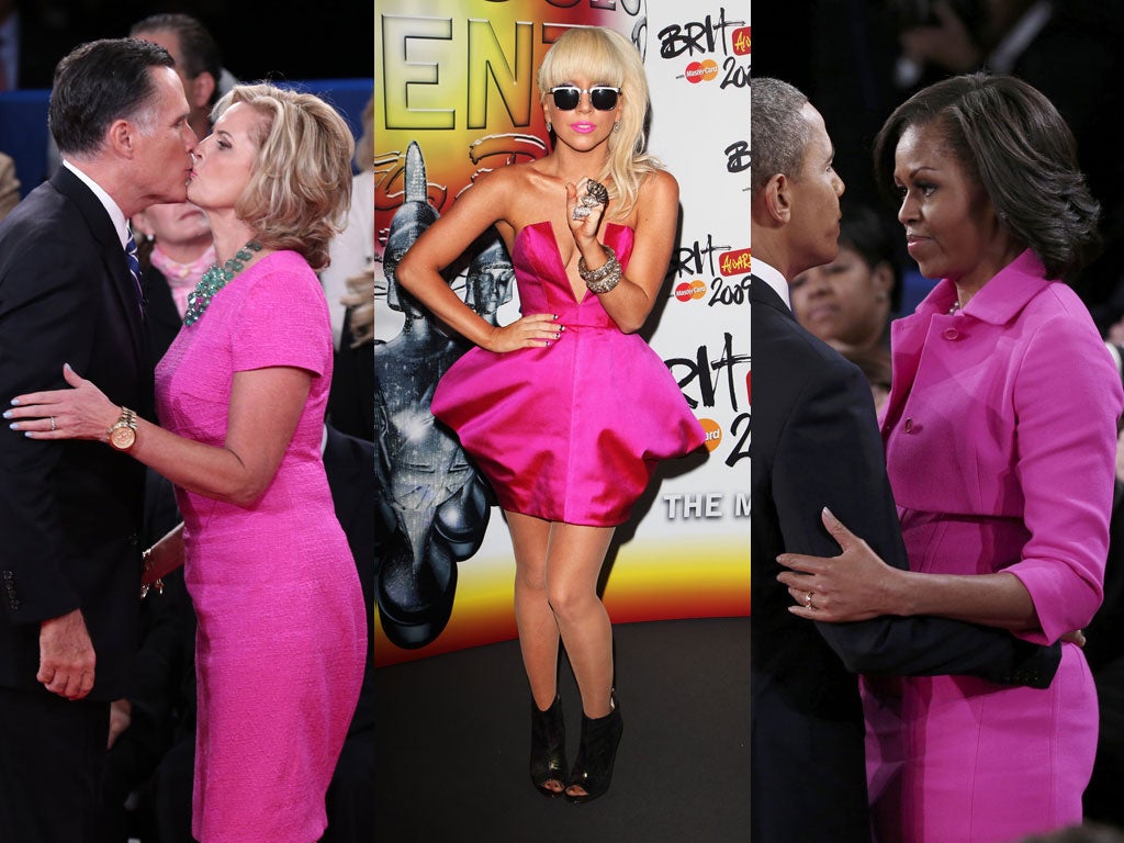 Power shade: Lady Gaga, middle - and last week's outfit clash at the debate