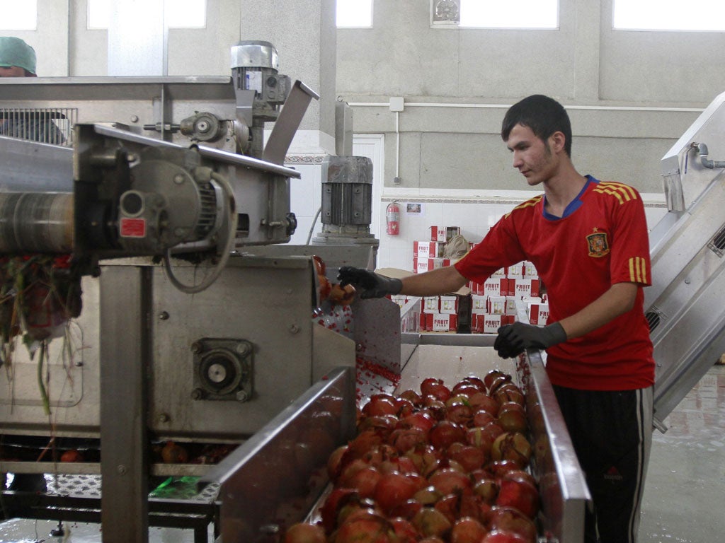 Seeing red: Making pomegranate juice at the Omaid Bahar factory, Kabul