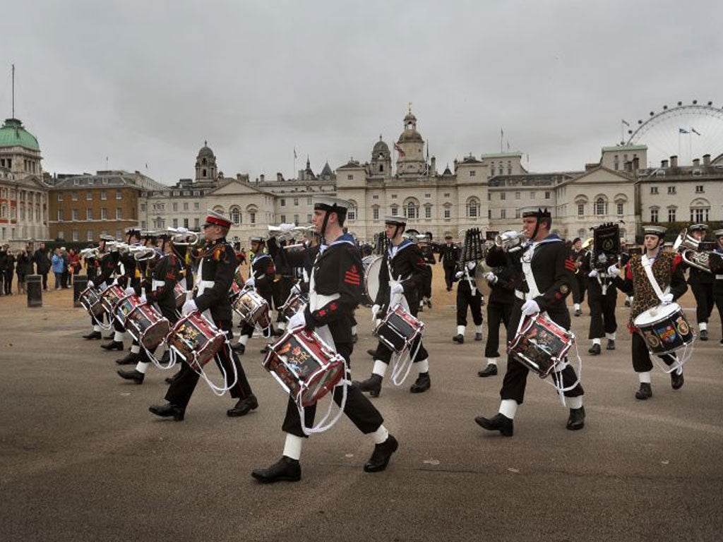 Sea Cadets marching out of Horse Guards Parade on their way to Trafalgar Square yesterday