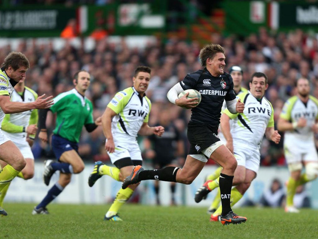 Toby Flood bursts clear to score Leicester’s second try against Ospreys