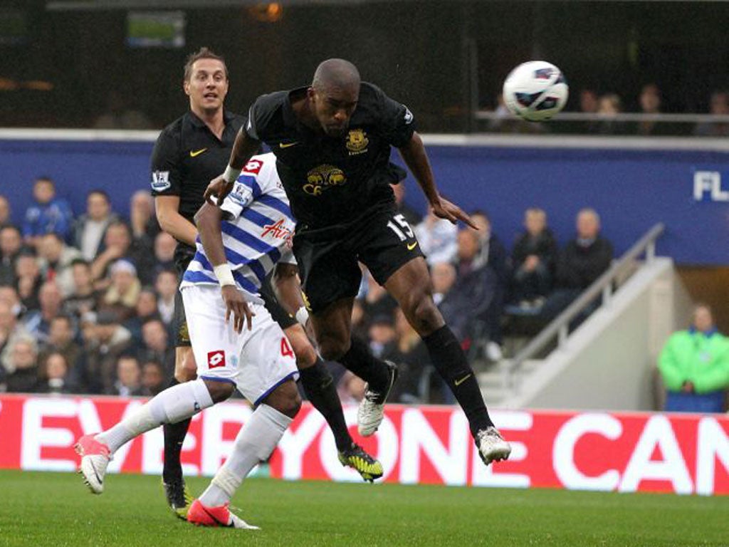 Sylvain Distin gets in a header that led to Everton’s equaliser at Loftus Road yesterday