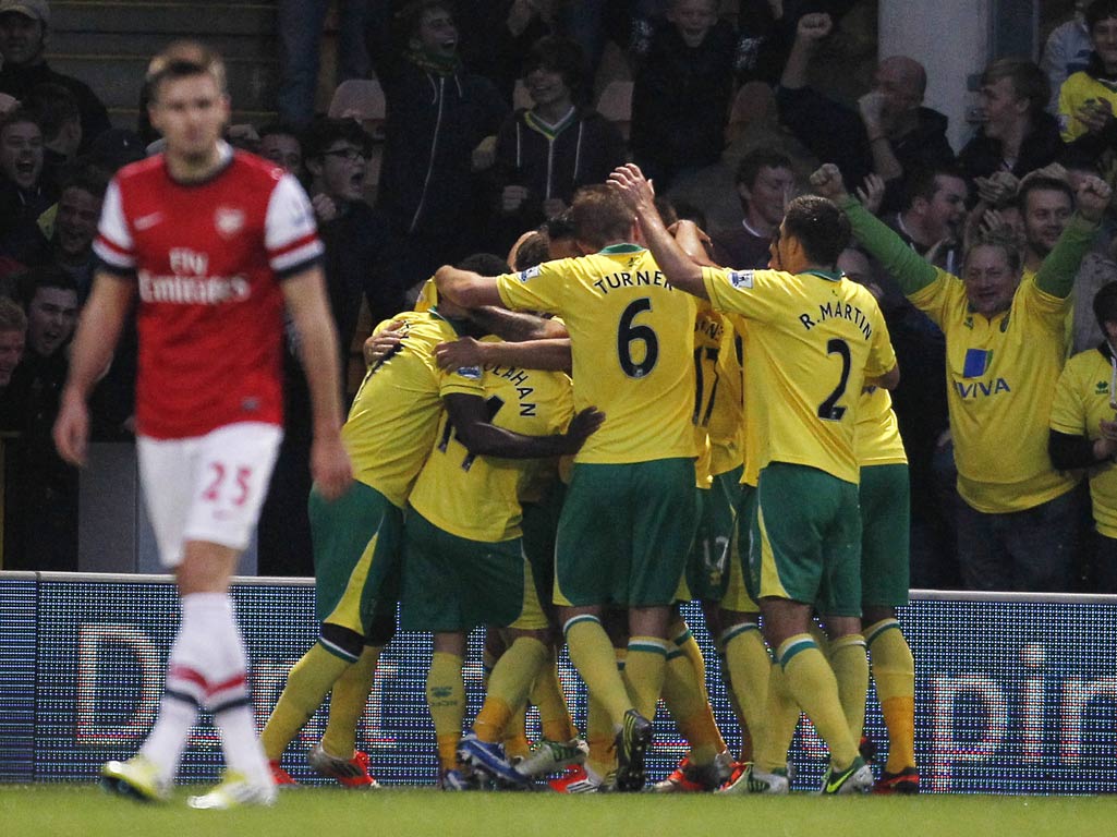 Norwich celebrate Grant Holt's winner against Arsenal