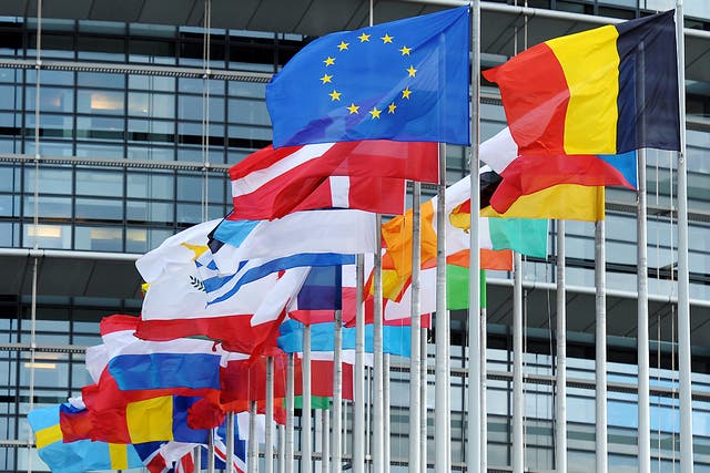 The European Union flag flies among European Union member countries' national flags in front of the European Parliament in Strasbourg