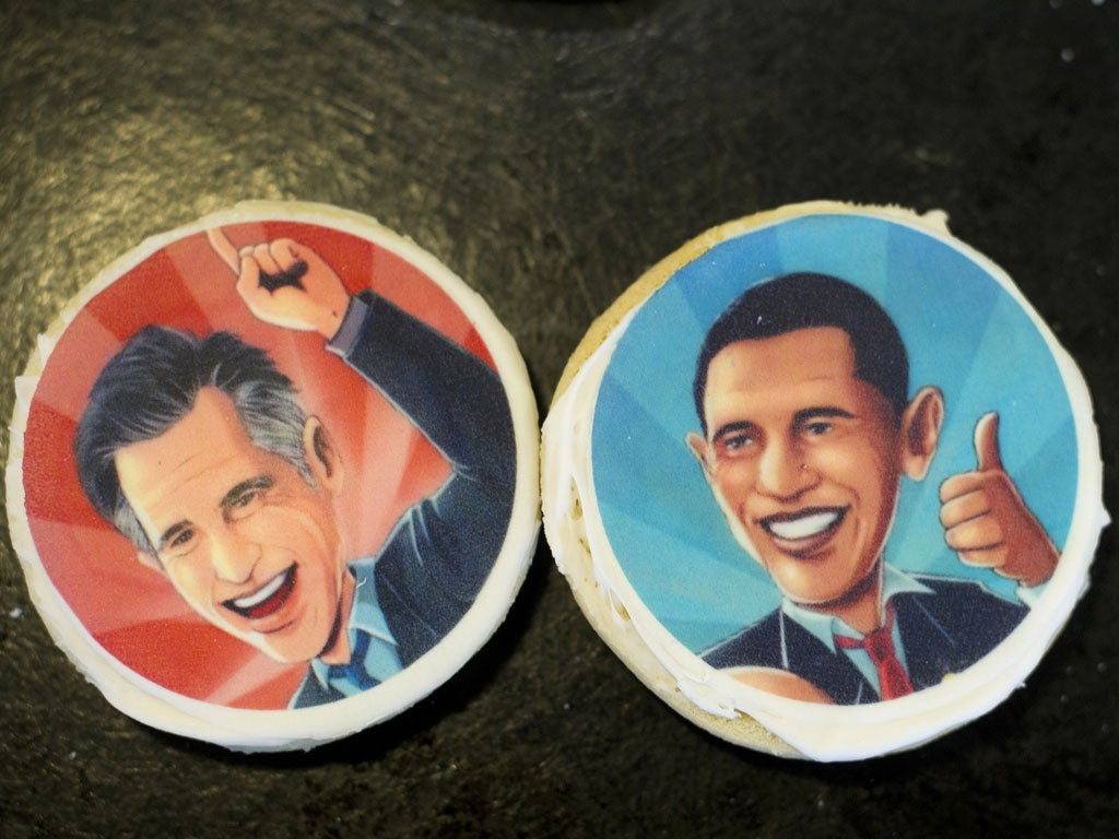 Election cookies of U.S. President Barack Obama and Republican presidential candidate Mitt Romney are displayed at the Oakmont Bakery on October 17, 2012 in Oakmont, Pennsylvania.