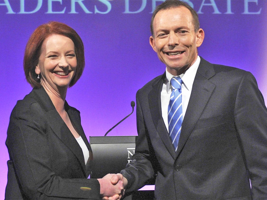 The Australian Prime Minister, Julia Gillard, and the opposition leader, Tony Abbott, whom she has accused of misogyny