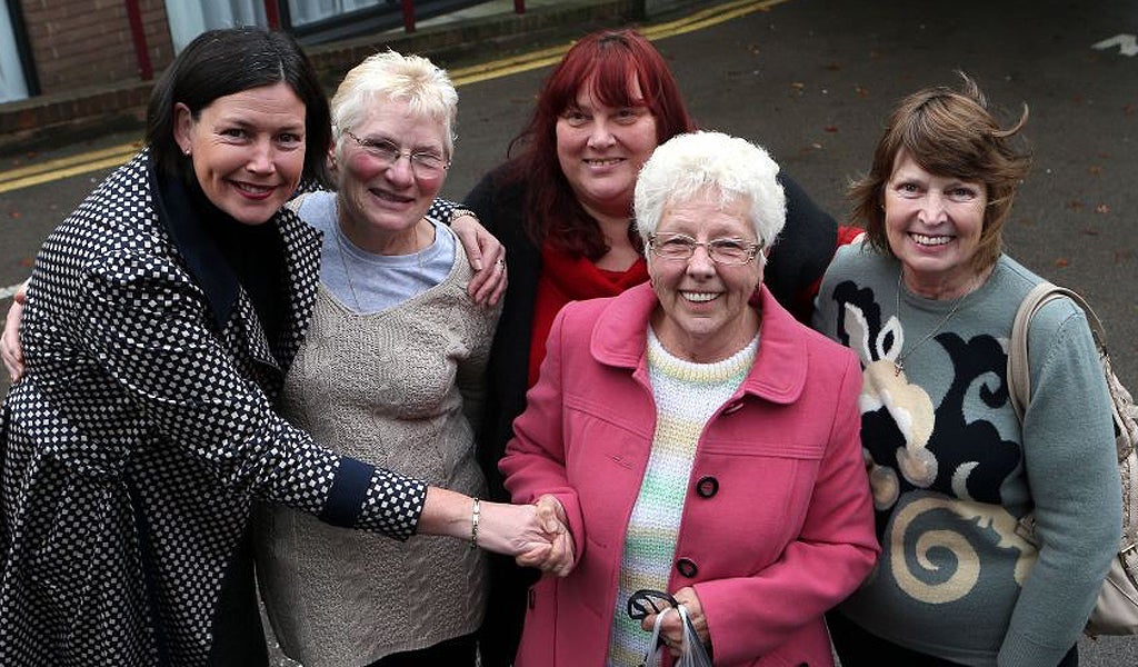 Current and former Birmingham Council workers and supporter, (left to right), Maggie Roche, whose mother worked for the city council and workers Pam Sanders, Susan Clare, Joan Clulow and Mary Roche after today's Supreme Court judgement