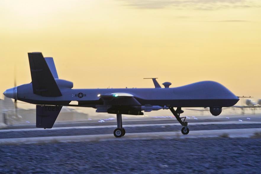 A US MQ-9 Reaper drone taxis at Kandahar Airfield, Afghanistan, in December 2009.
