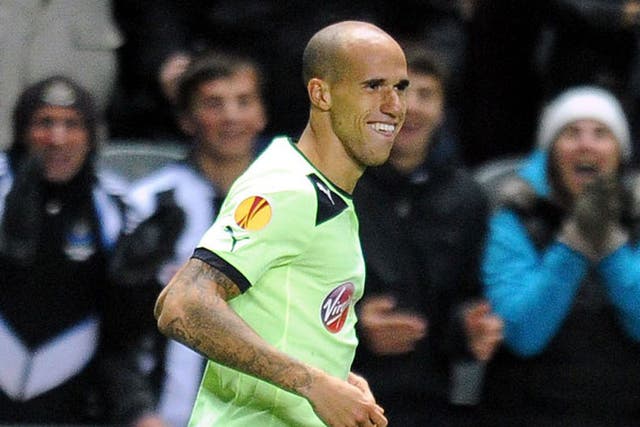 Gabriel Obertan grins after giving Newcastle the lead last night