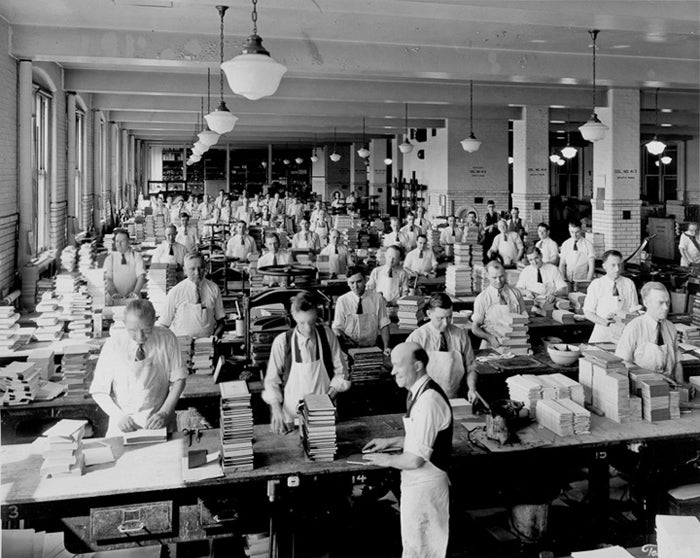 The General Printing Office in Washington was not only the largest printer in the world, but produced a staggering array of bookbinding. Here binders are at work on hardbound books in January of 1920 in Washington.