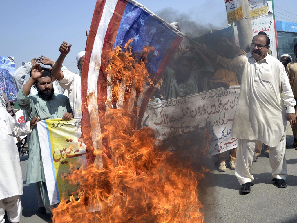 Inflammatory: Demonstrators in Multan protest at drone attacks in Pakistan last week