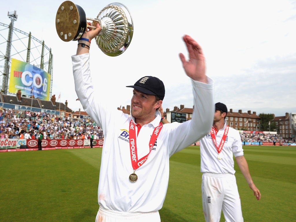 Indian Summer: Graeme Swann celebrates in 2011 with Pataudi Trophy
