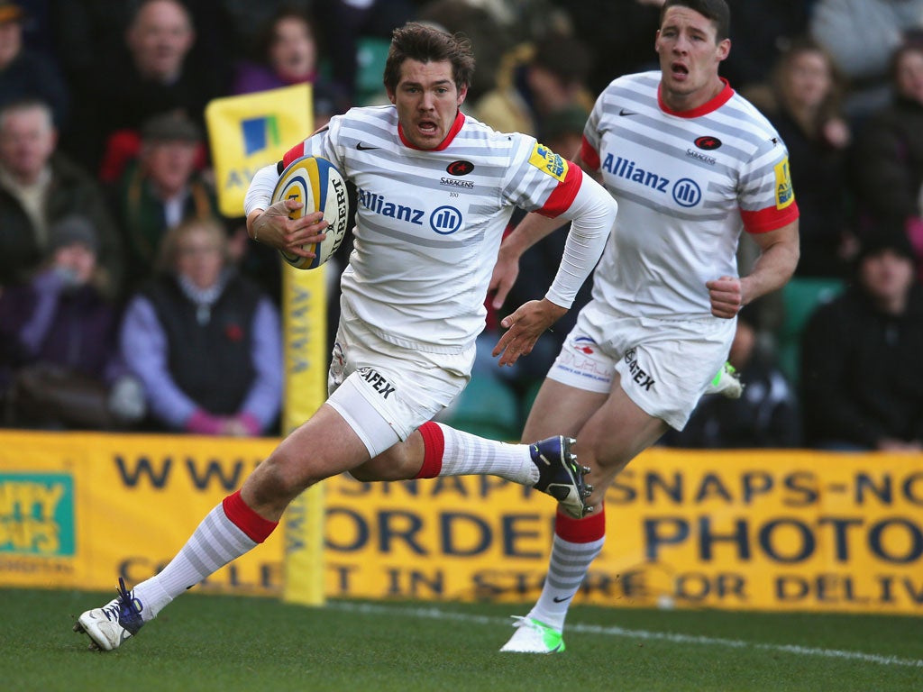 Away winner: Alex Goode goes over to score the only try