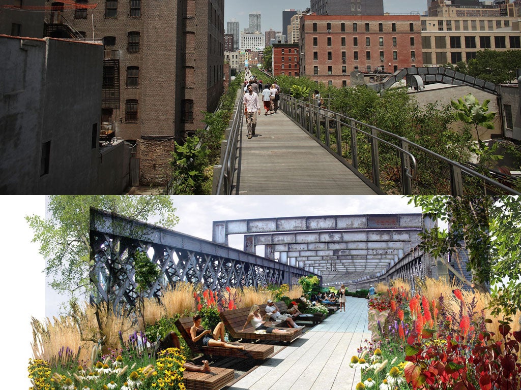 High life: Manhattan's High Line Park, top, is the inspiration for Manchester's Hanging Gardens, envisaged below