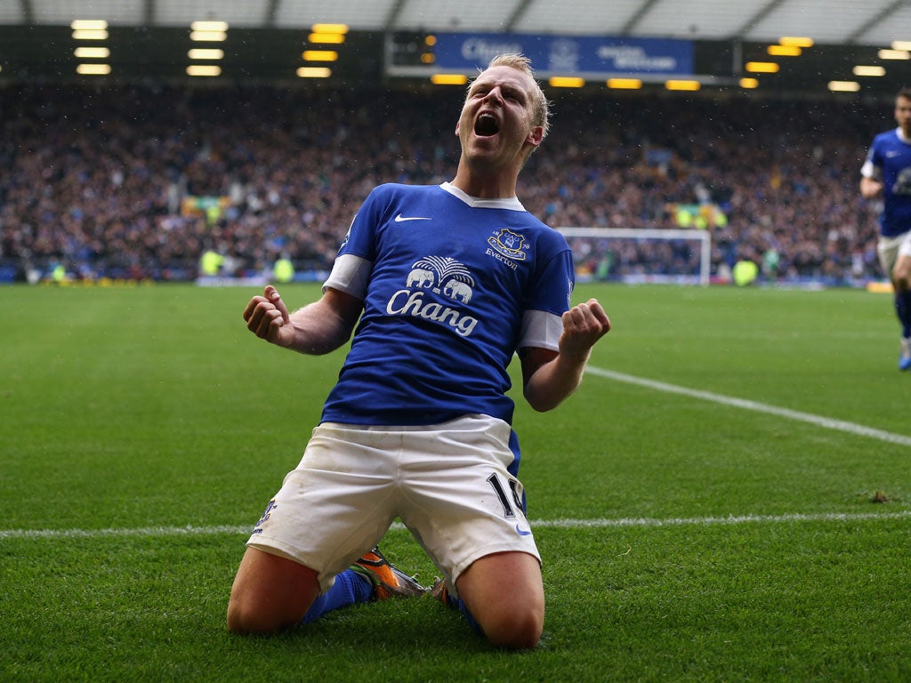 Steven Naismith of Everton celebrates scoring his team's second goal