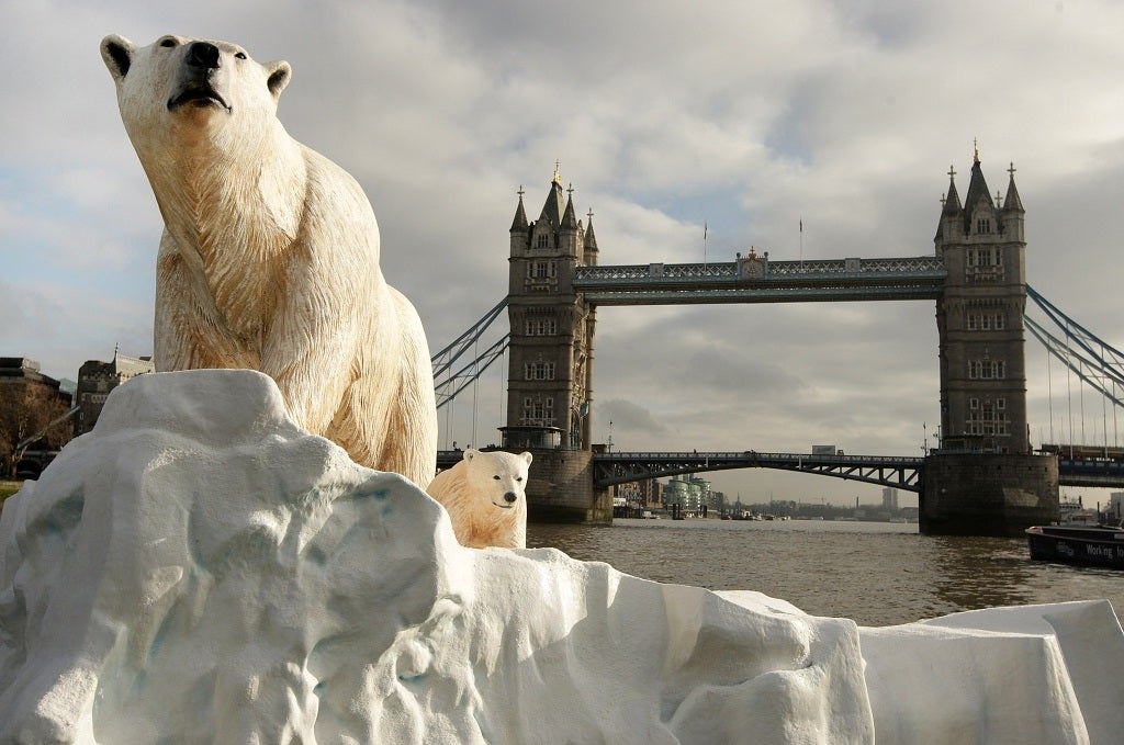 A 16 foot high sculpture of a polar bear and cub, afloat on a small iceberg on the River Thames, passes in front of Tower Bridge on January 26, 2009 in London