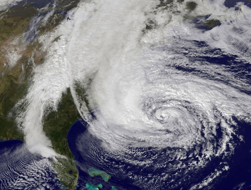 Hurricane Sandy, pictured at 1740 UTC, churns off the east coast as it moves north