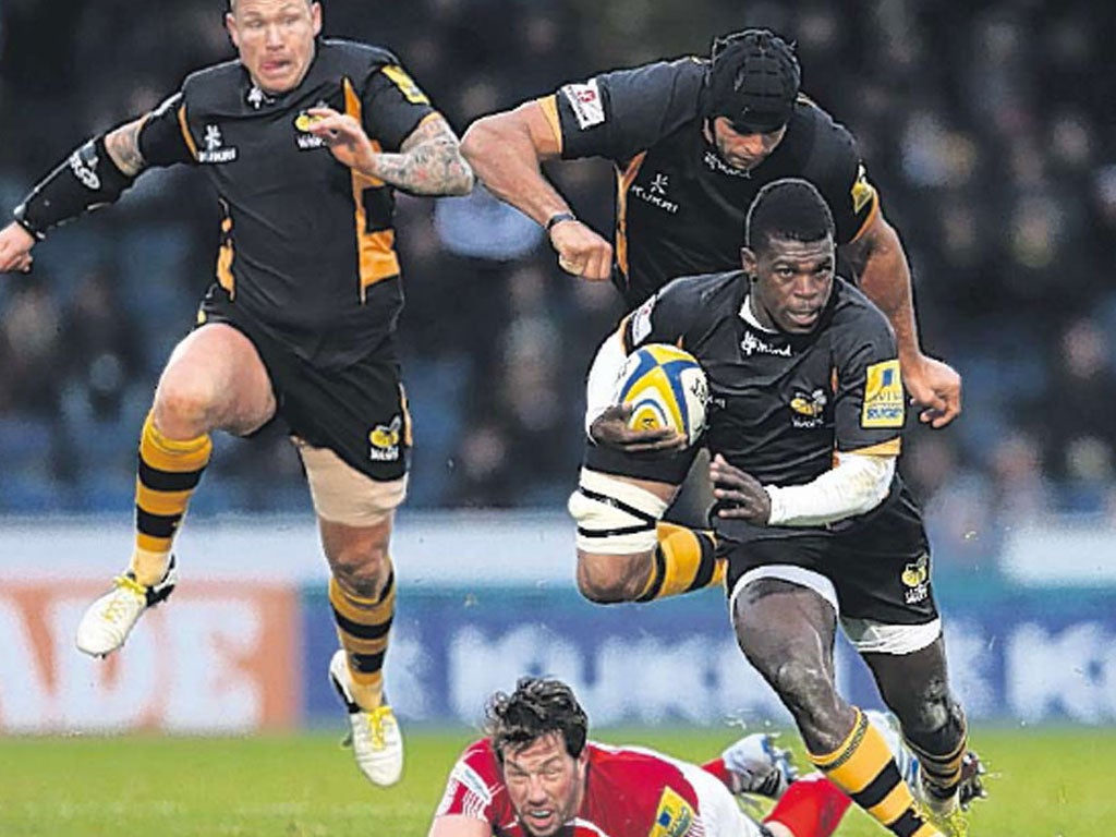 Christian Wade makes a break for Wasps in their win yesterday