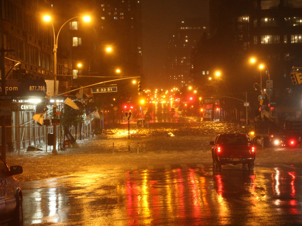 A view of the corner of 34th Street and 1st Street in front of NYU Langone Medical Center in Manhattan during rains from Hurricane Sandy on October 29, 2012 in New York City.