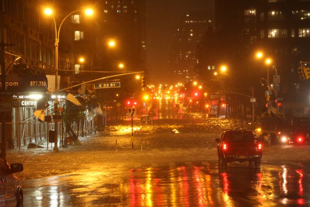 A view of the corner of 34th Street and 1st Street in front of NYU Langone Medical Center in Manhattan during rains from Hurricane Sandy on October 29, 2012 in New York City.