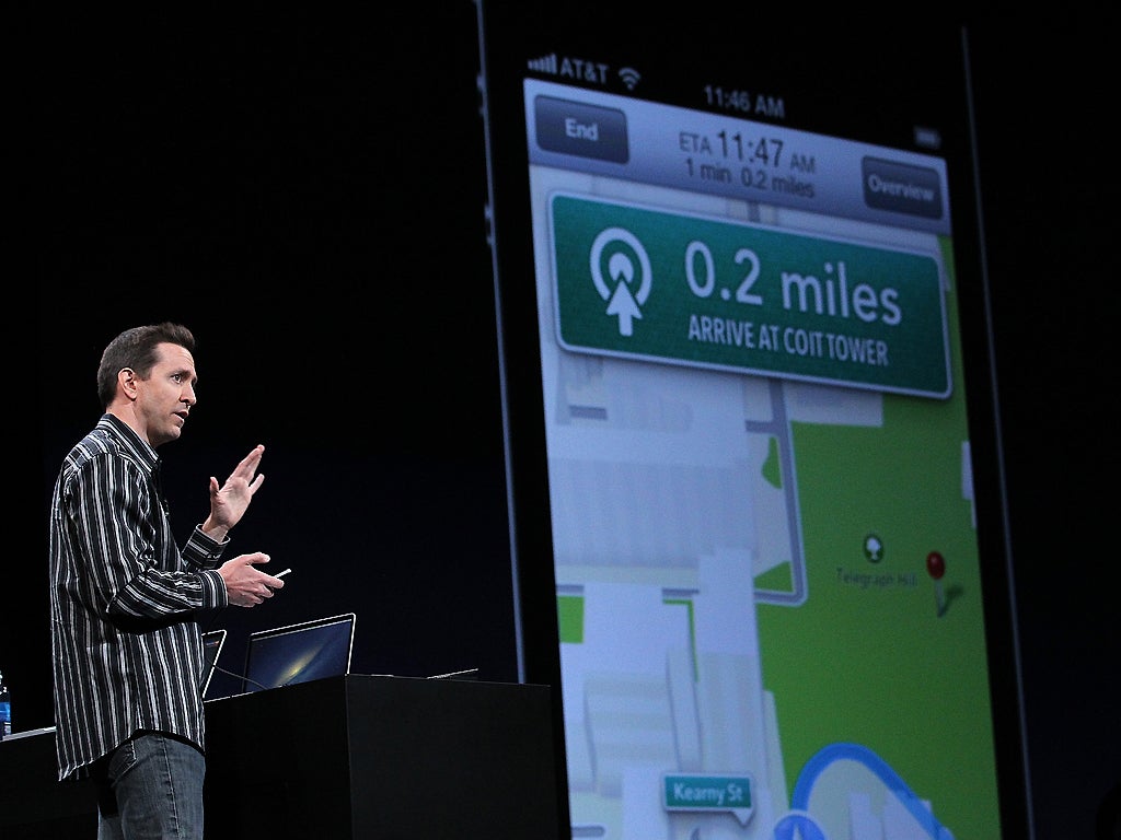 Scott Forstall demonstrating the new map application during the 2012 Apple WWDC keynote address in San Francisco in June 2012