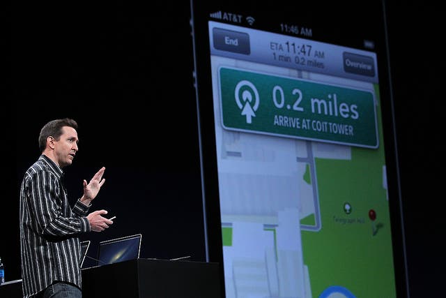 Scott Forstall demonstrating the new map application during the 2012 Apple WWDC keynote address in San Francisco in June 2012