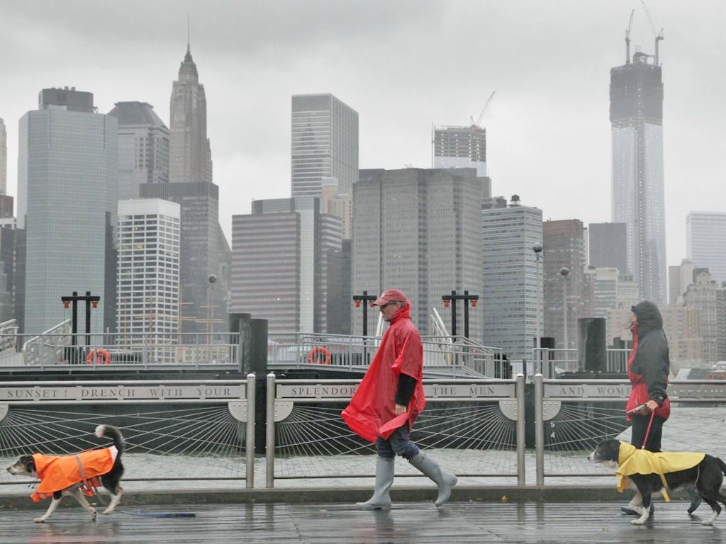 The Brooklyn waterfront beneath the New York skyline as Hurricane Sandy advances on the city