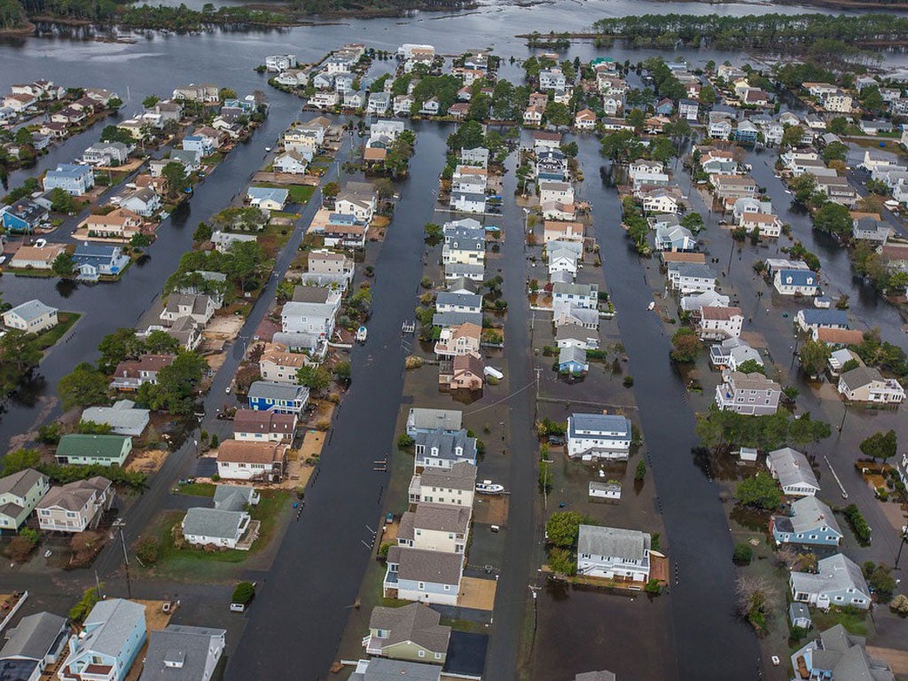 Floodwaters from superstorm Sandy surround homes in South Bethany, Delaware