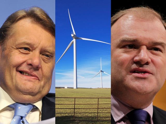 Energy Minister John Hayes (left) said: 'enough is enough' on windfarms, earning him a public rebuke from his boss Energy Secretary Ed Davey