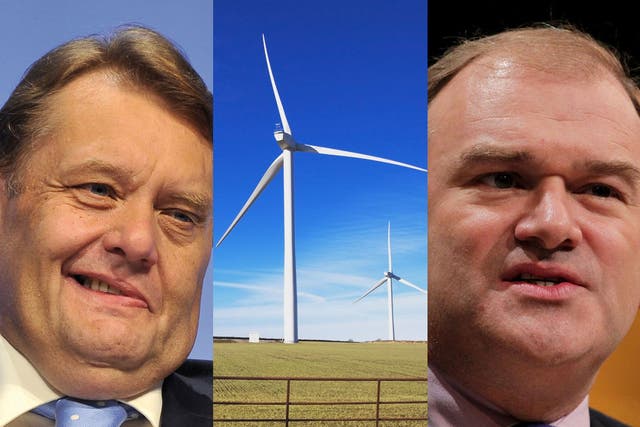 Energy Minister John Hayes (left) said: 'enough is enough' on windfarms, earning him a public rebuke from his boss Energy Secretary Ed Davey