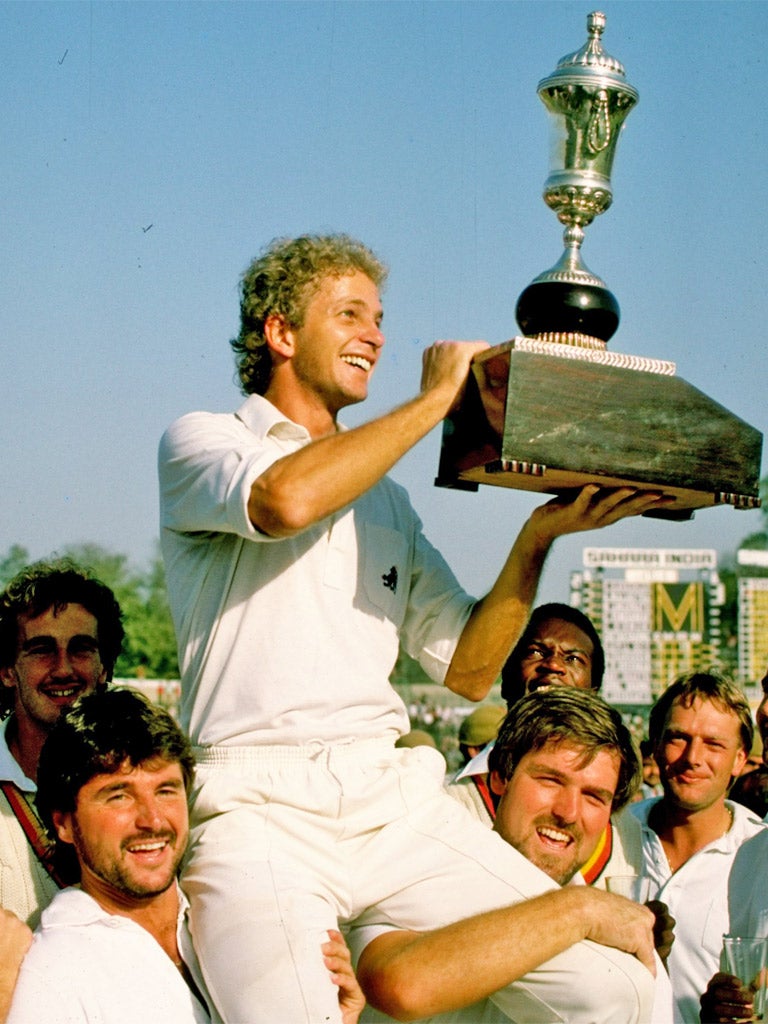David Gower is hoisted aloft after England’s series victory in India