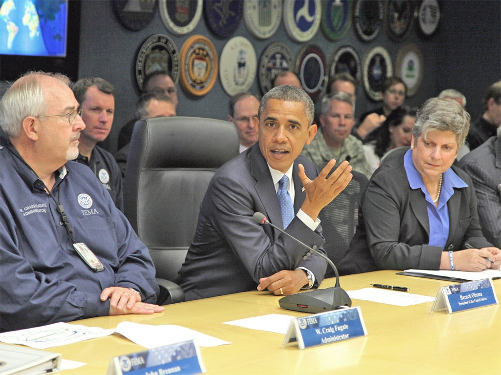 Barack Obama in Washington discussing the aftermath of Hurricane Sandy
