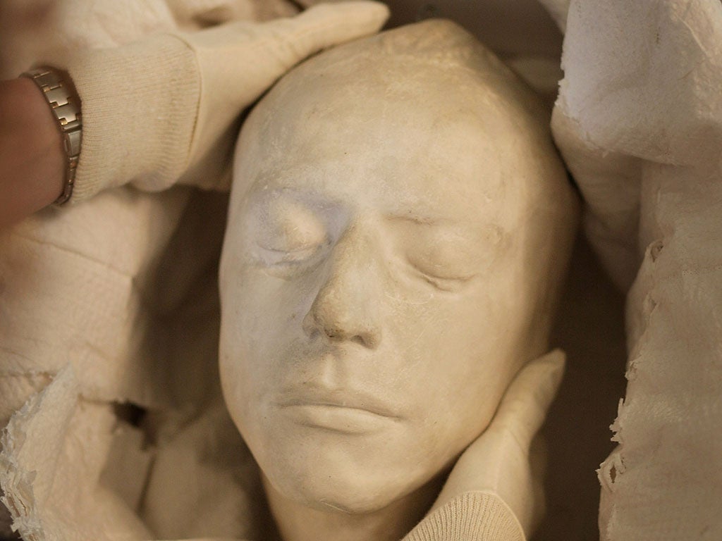 The death mask of English poet John Keats, who died alone of tuberculosis after breaking off his engagement to Fanny Brawne and moving to Rome