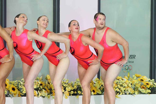 James Corden trying his hand at synchronised swimming for his BskyB sports quiz show, A League of Their Own.