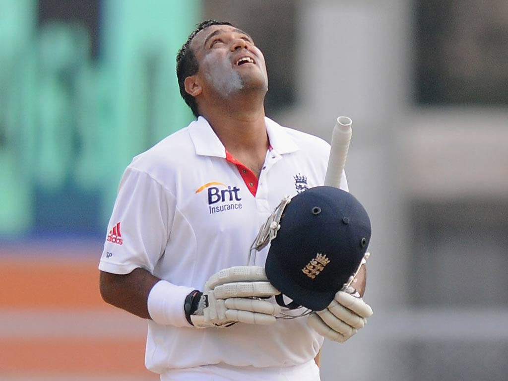 Samit Patel of England looks up after scoring a century during the final day of the first practice match between England and India 'A'