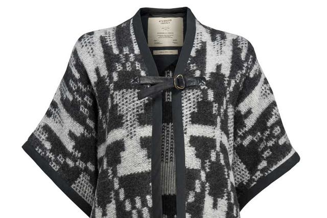 <p>Jacket in</p>

<p>Husband'n'wife team Ash and Lorraine Johnson have delivered another highly desirable collection for their oh-so-stylish label Pyrus, which is – don't you know – big in Japan. It is not hard to see why. From directional felt-leather jackets to this Wing cape, £199, which has something of the kimono about it, suitably… Pyrus-london.com</p>