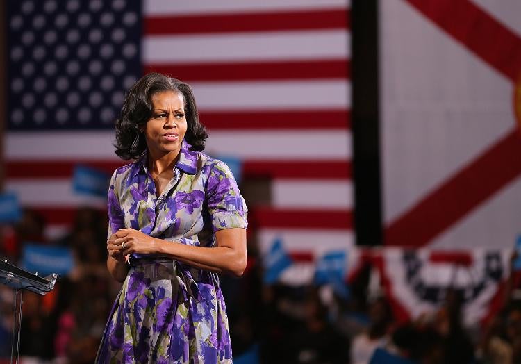First Lady Michelle Obama speaks during a campaign rally at the James L. Knight Center on November 1, 2012 in Miami, Florida. The presidential campaigns are in their final days before the November 6th general election.