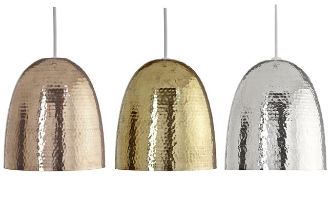 1. If I had a hammer 

These Barock hammered metallic shades from B&Q are available in brass, copper or nickel. Hang individually or mix and match for a truly decadent look. £29.98 each, diy.com