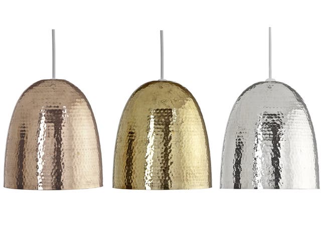 1. If I had a hammer 

These Barock hammered metallic shades from B&Q are available in brass, copper or nickel. Hang individually or mix and match for a truly decadent look. £29.98 each, diy.com